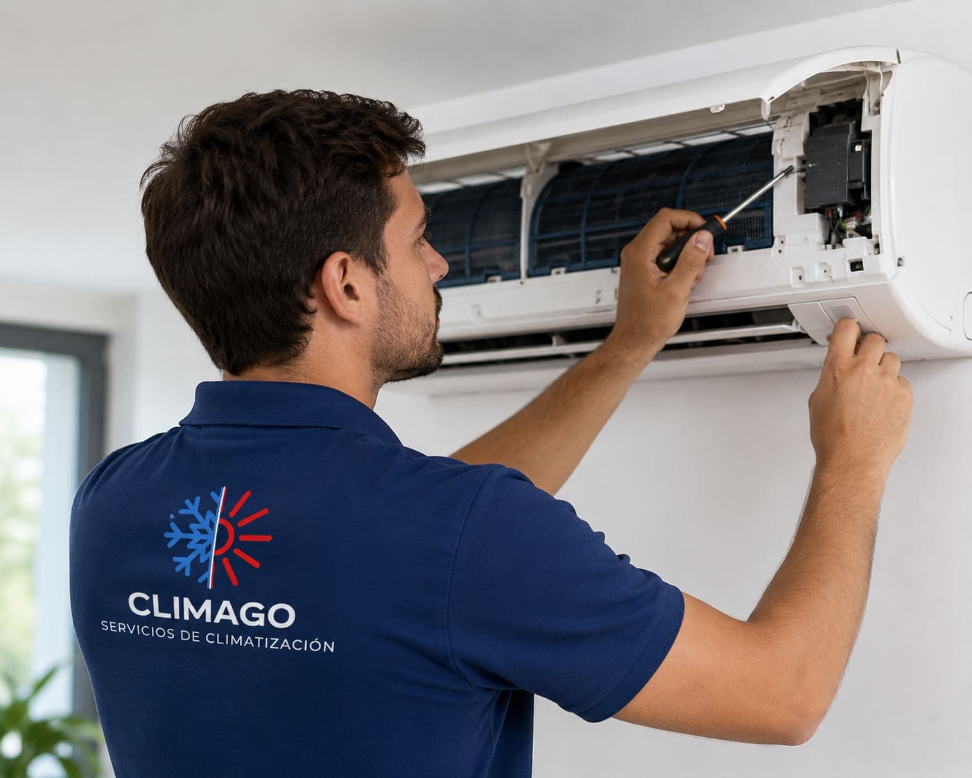Técnico CLIMAGO reparando un aire acondicionado