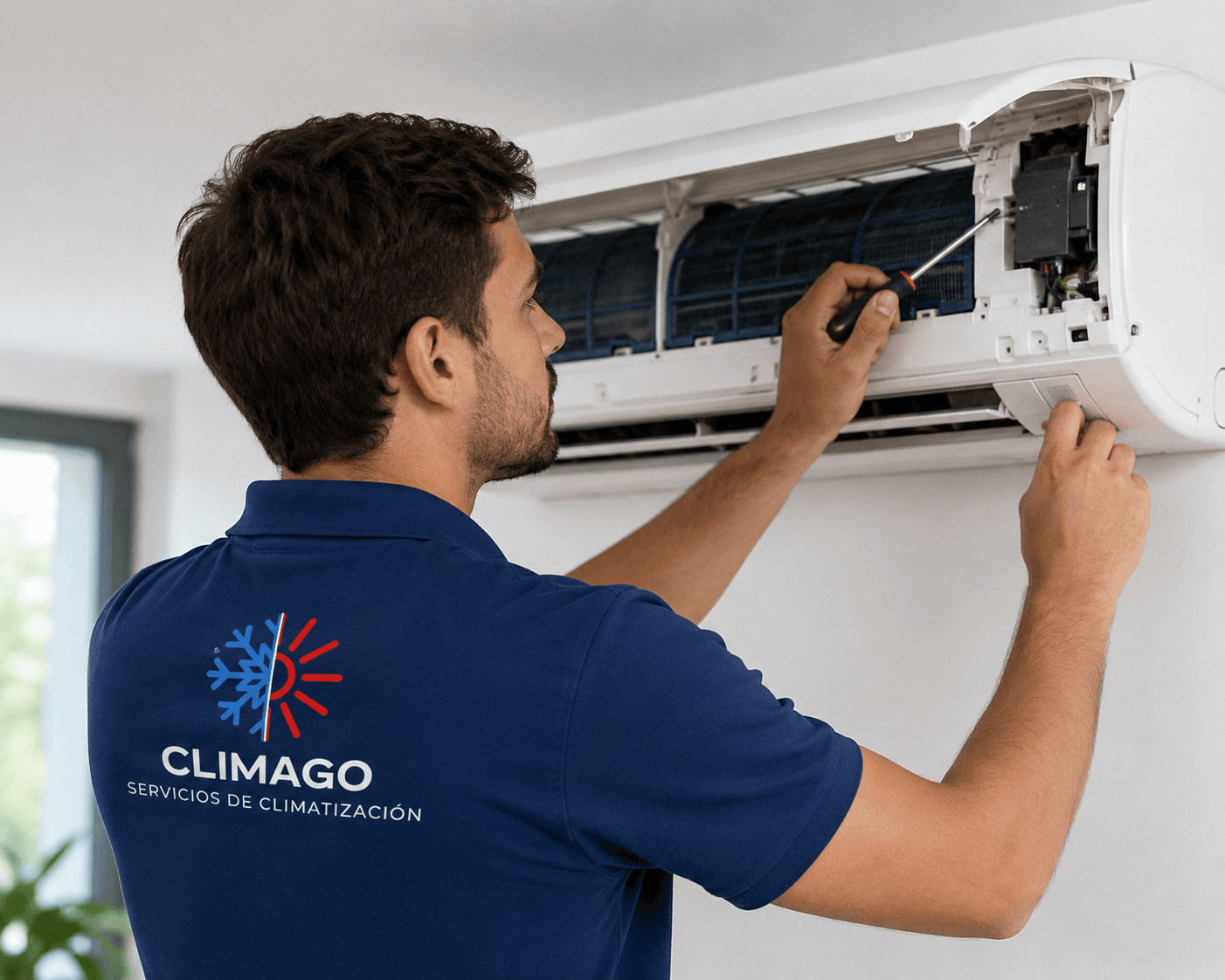Técnico CLIMAGO reparando un aire acondicionado